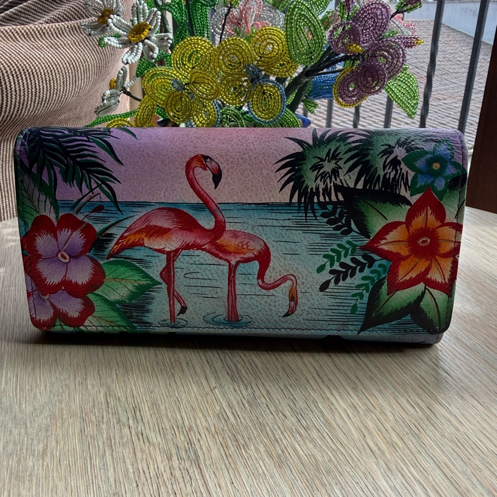 Anna by Anuschka Three Fold Genuine leather Wallet Tropical Flamingos orig.$92